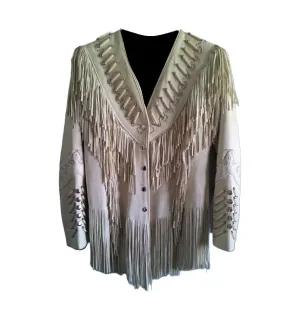 Western Fringe Beige Leather Jacket for Women Cowgirl WFJ215