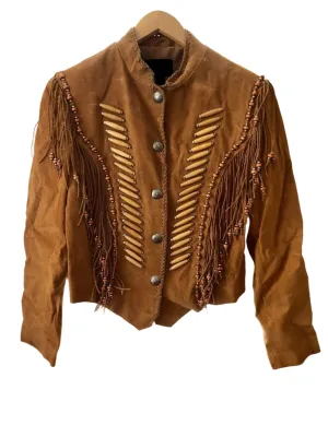 Western Fringe Brown Suede Leather Bone work Jacket for Women WFJ502