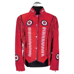 Western Fringe Red Suede Leather Beaded Jacket for Women WFJ501