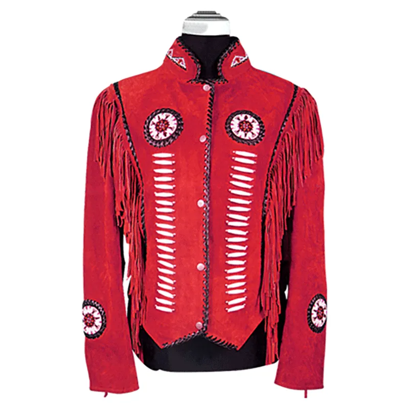 Western Fringe Red Suede Leather Beaded Jacket for Women WFJ501
