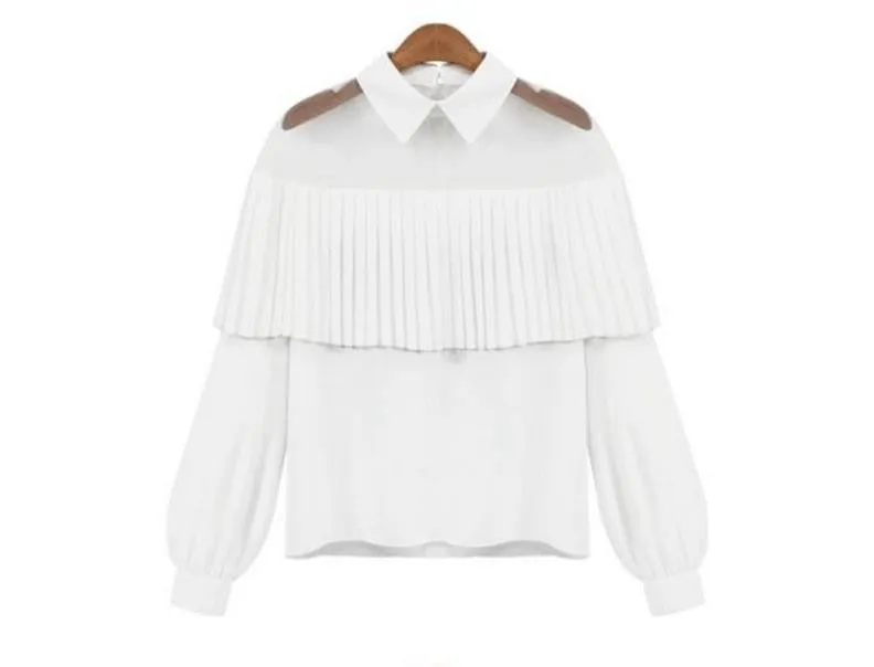 White Blouse Shirt Women Chiffon Blouse Pleated Tops Long Sleeve Blouse Sheer Gauze