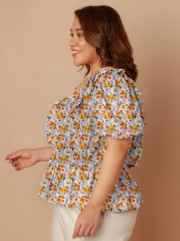 White Floral Print Peplum Top
