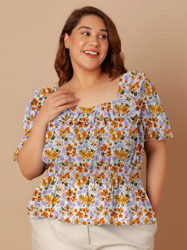 White Floral Print Peplum Top
