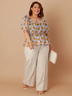 White Floral Print Peplum Top