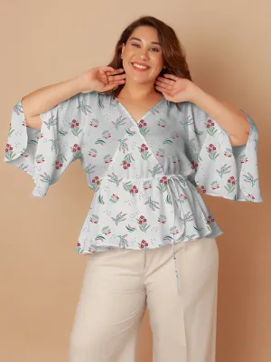 White Floral Print Peplum Top