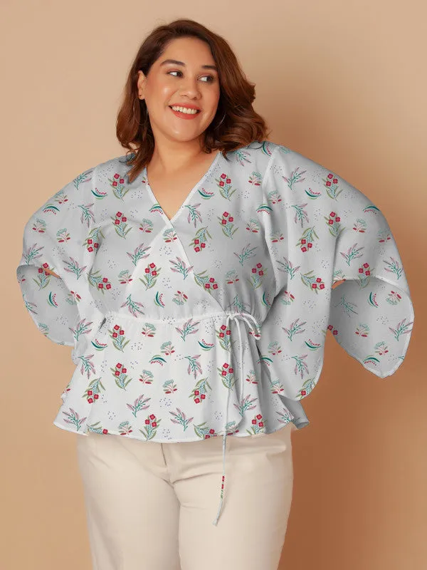 White Floral Print Peplum Top