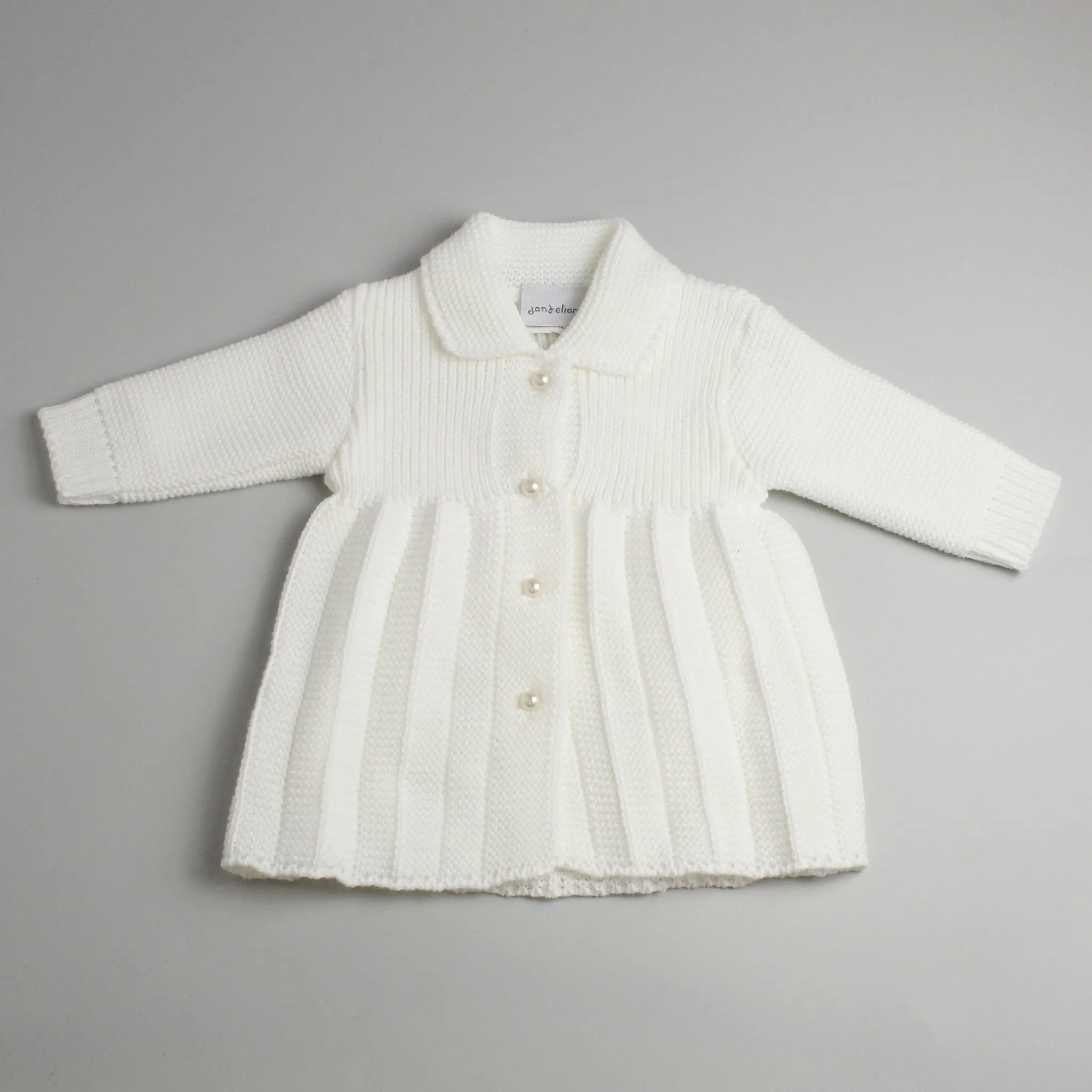 White Knitted Baby Coat - Pearl Buttons