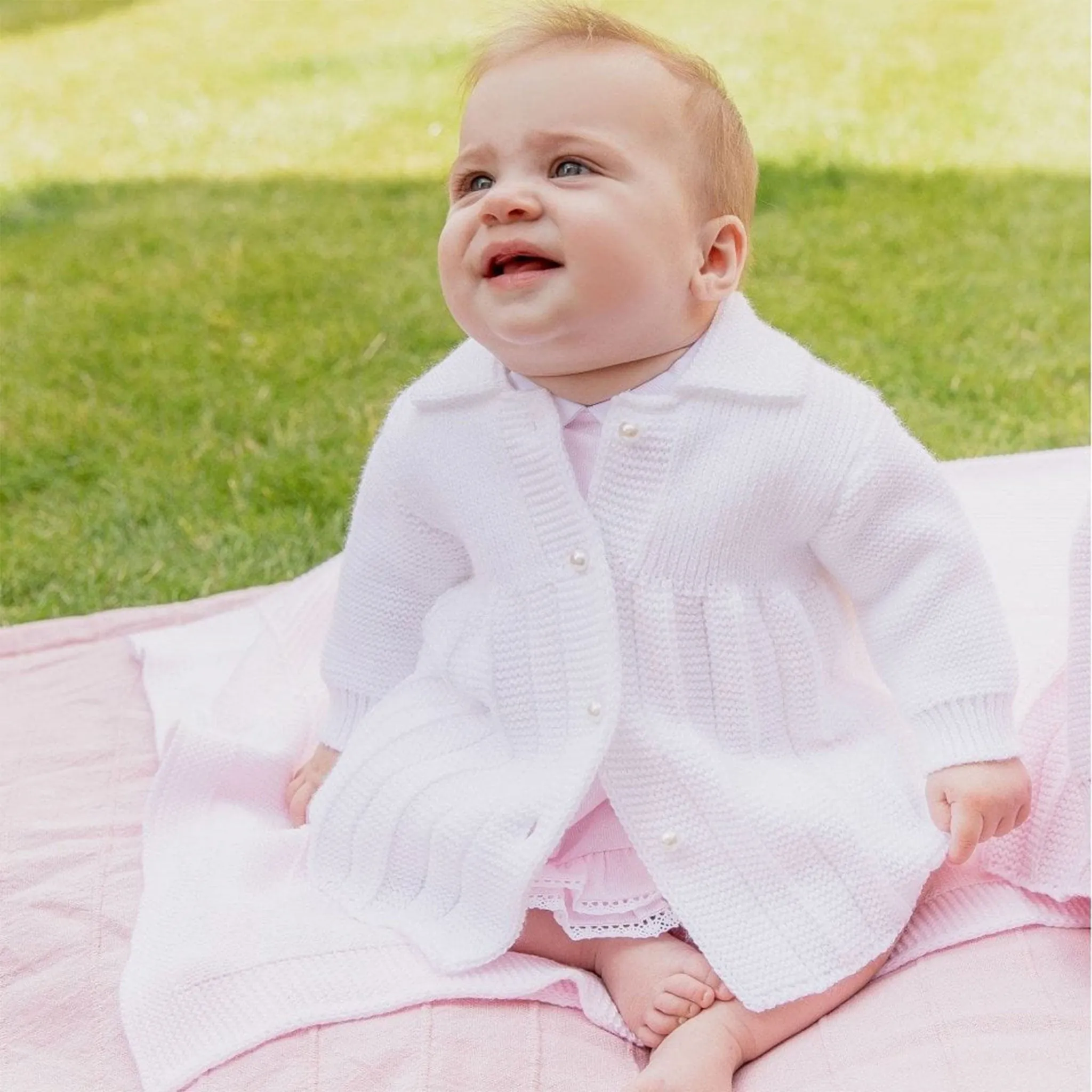 White Knitted Baby Coat - Pearl Buttons