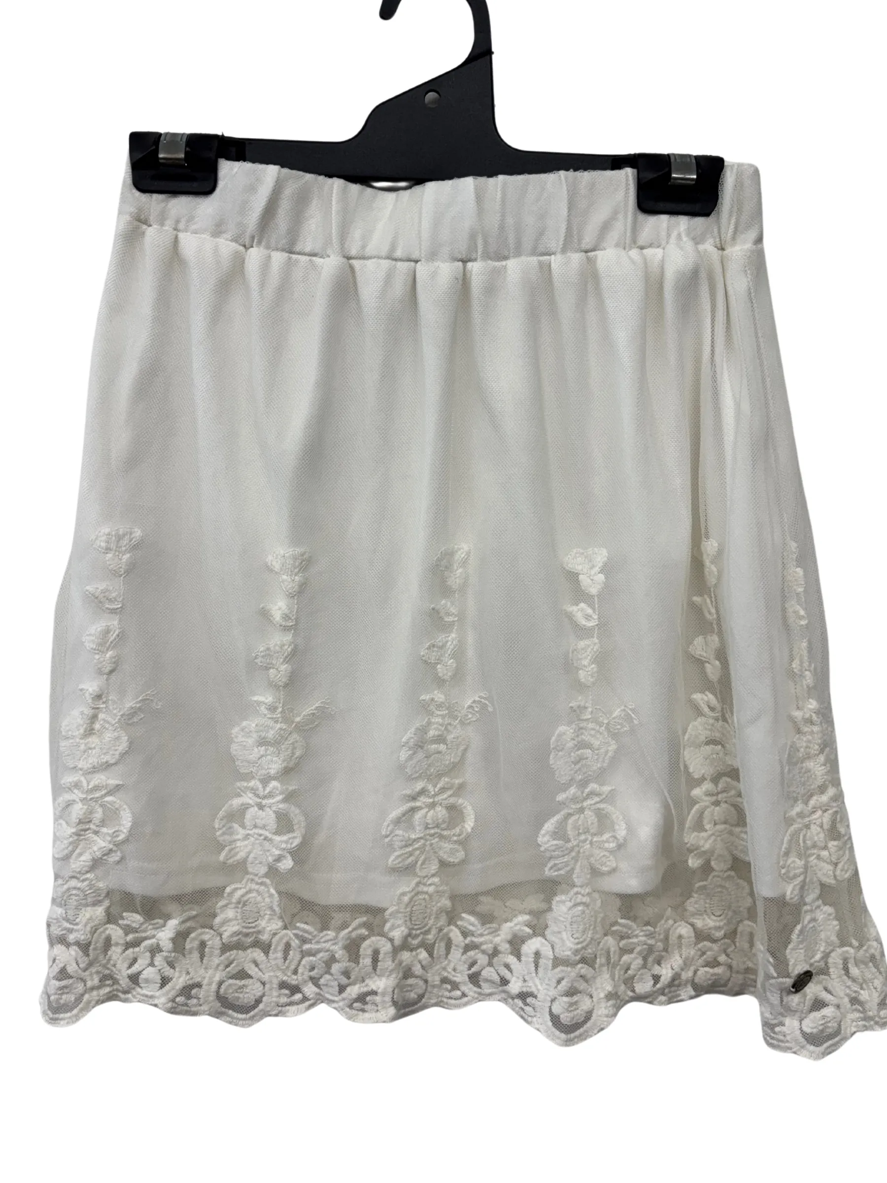 White Mesh Mid Rise Short Skirt with Lace Trim