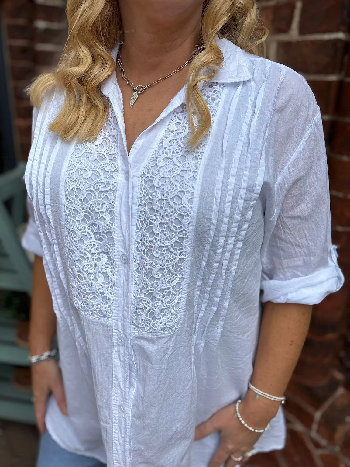 White Pleated Crochet Blouse Sarah