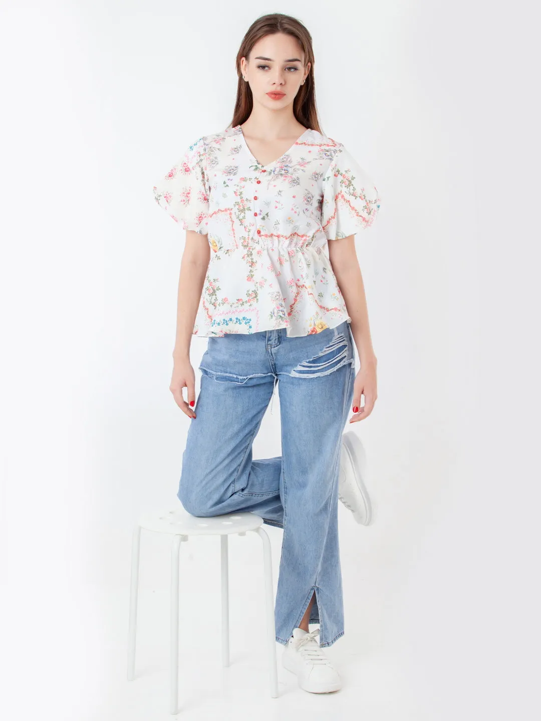 White Printed Peplum Top