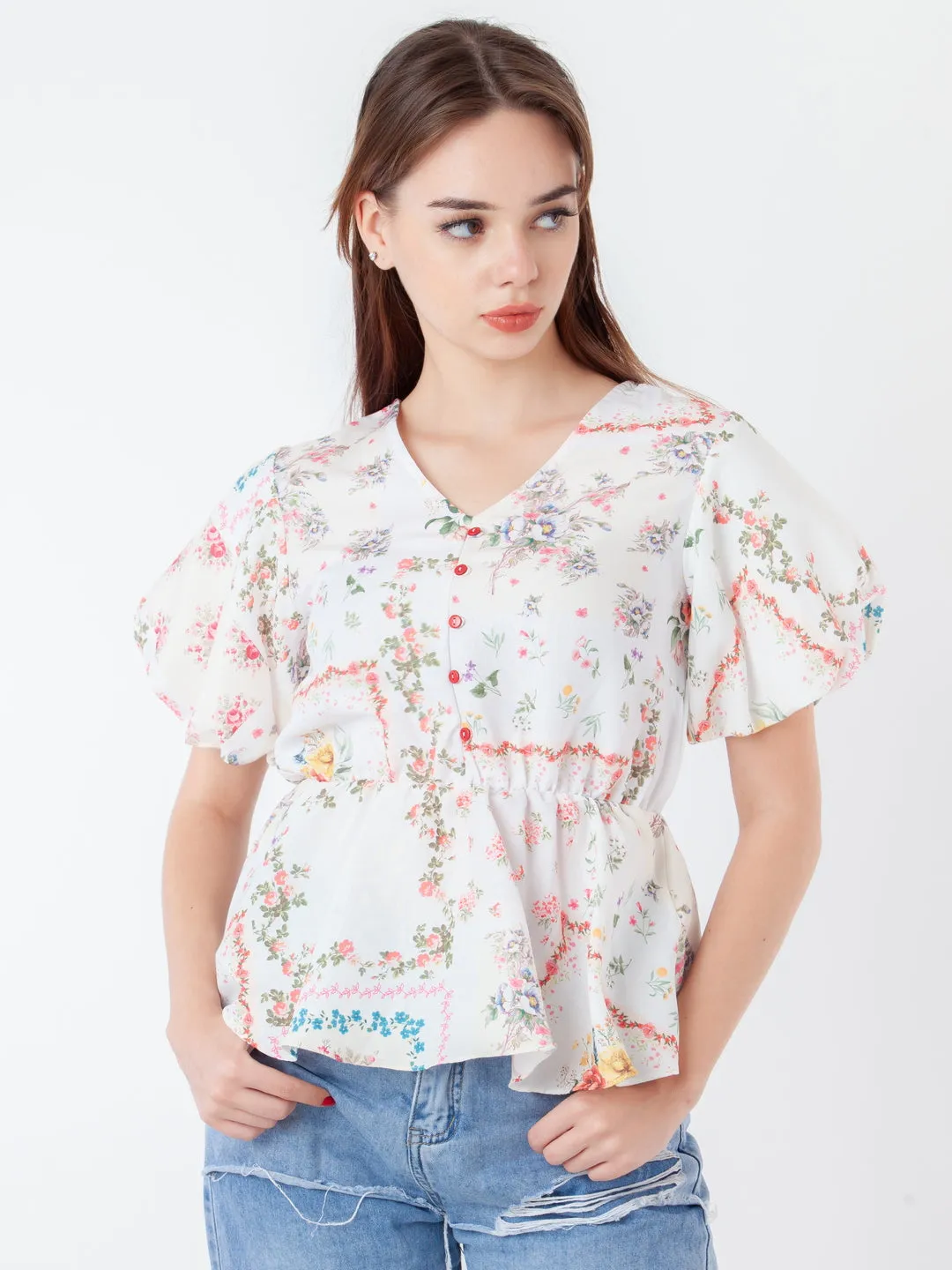 White Printed Peplum Top