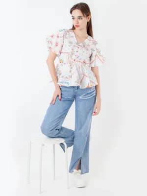 White Printed Peplum Top