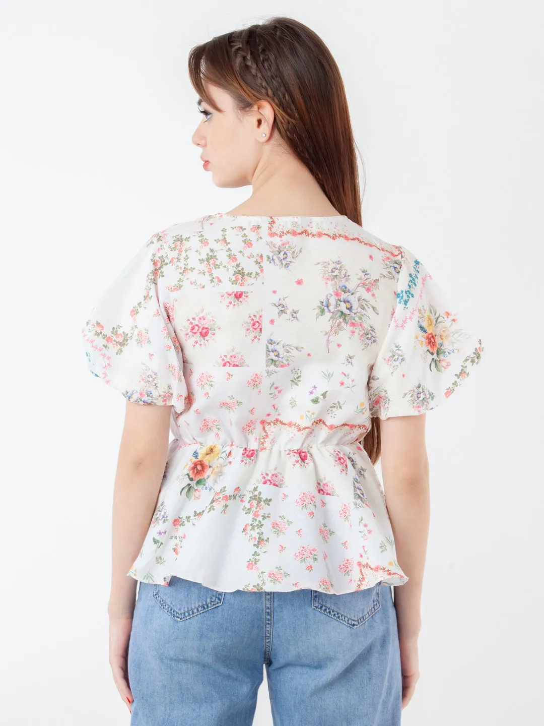White Printed Peplum Top