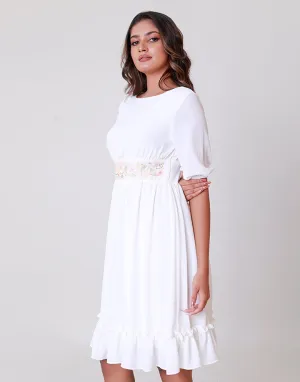 White Shadow Work Dress with Frill Hem