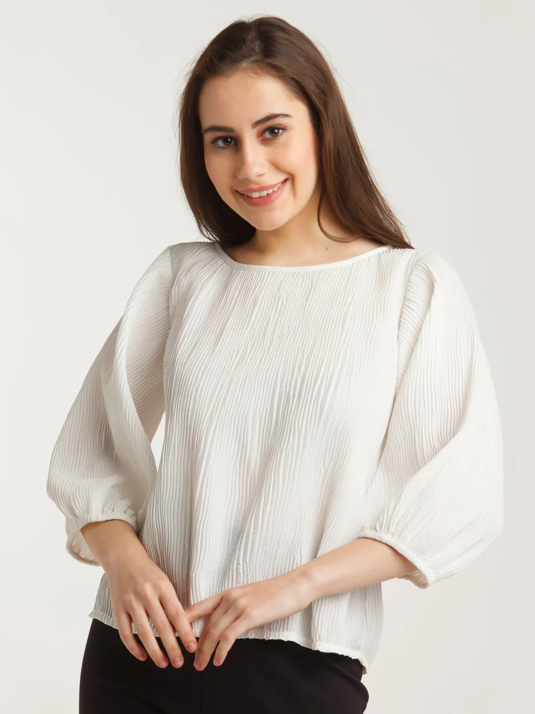 White Solid Pleated Top