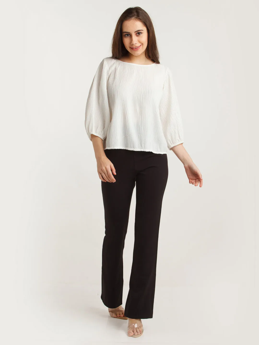 White Solid Pleated Top