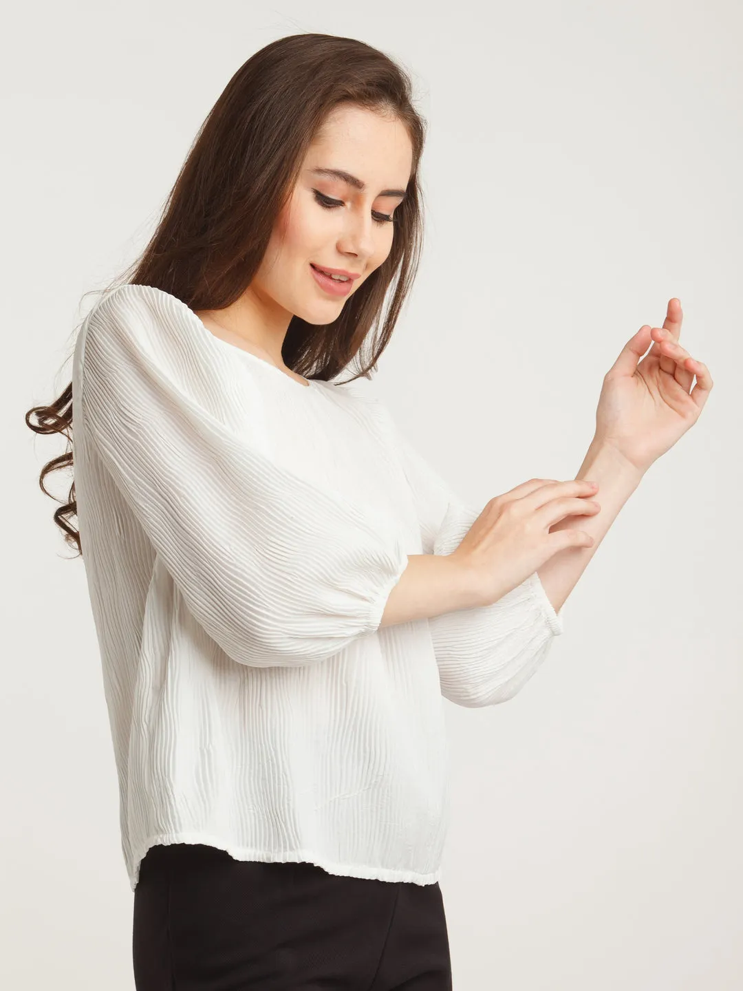 White Solid Pleated Top