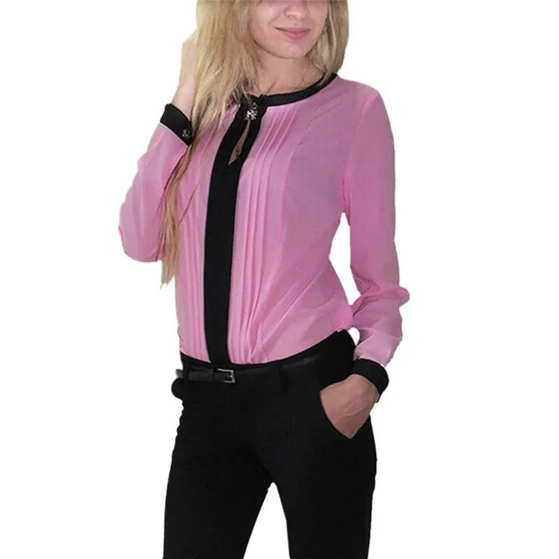 Women Chiffon blouses Long Sleeve Shirt Pleated Patchwork Office Blouses Tops