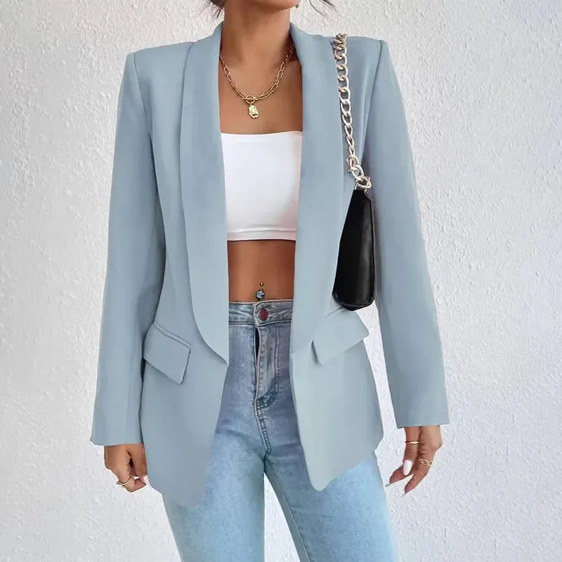 Women Elegant Casual Solid Blazer Vintage Formal Business Chic Suit Jackets Female Outerwear Long Sleeve Open Stitch Slim Coats