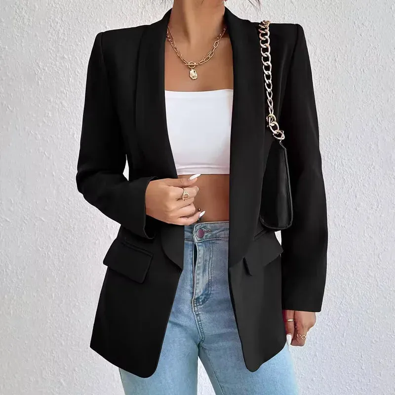 Women Elegant Casual Solid Blazer Vintage Formal Business Chic Suit Jackets Female Outerwear Long Sleeve Open Stitch Slim Coats