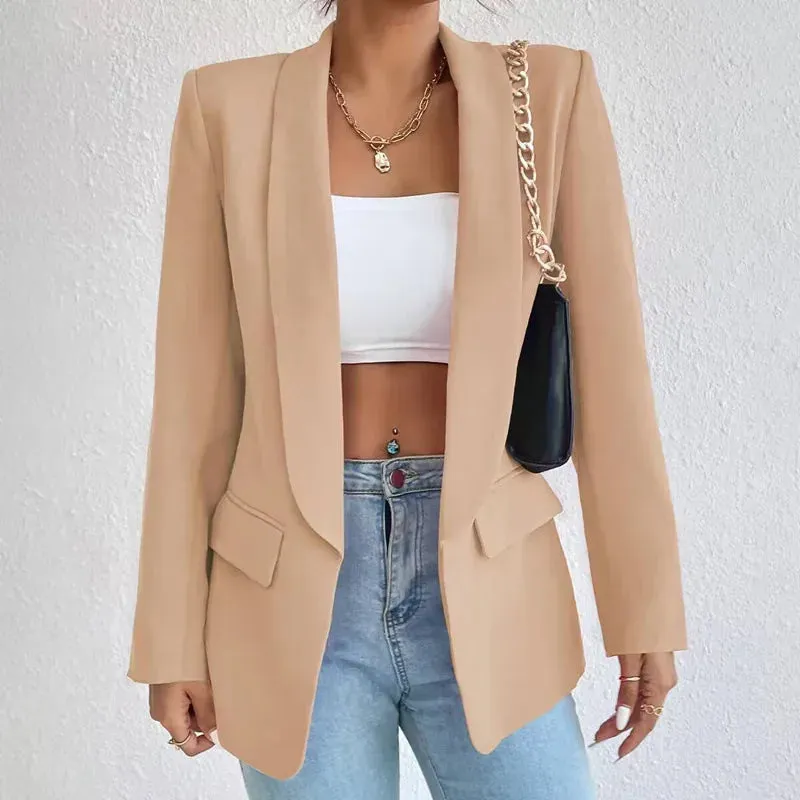 Women Elegant Casual Solid Blazer Vintage Formal Business Chic Suit Jackets Female Outerwear Long Sleeve Open Stitch Slim Coats