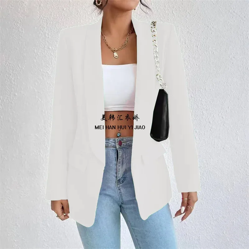 Women Elegant Casual Solid Blazer Vintage Formal Business Chic Suit Jackets Female Outerwear Long Sleeve Open Stitch Slim Coats