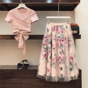 Women Irregular T Shirt Mesh Skirts Suits Bowknot Solid Tops Vintage Floral Skirt Sets Elegant Woman Two Piece Set