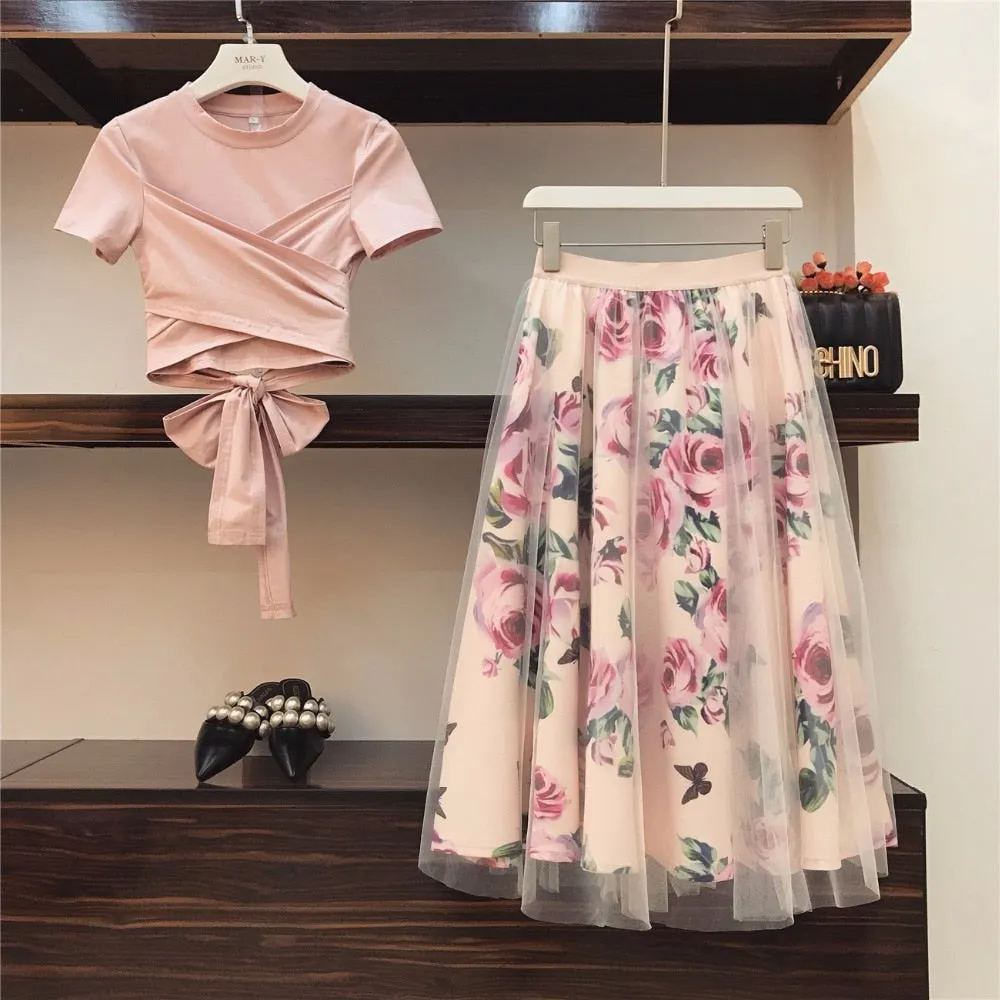 Women Irregular T Shirt Mesh Skirts Suits Bowknot Solid Tops Vintage Floral Skirt Sets Elegant Woman Two Piece Set