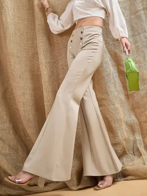 Women Light Beige Front Button Flared Bell Bottom Pants-SFPANT50846