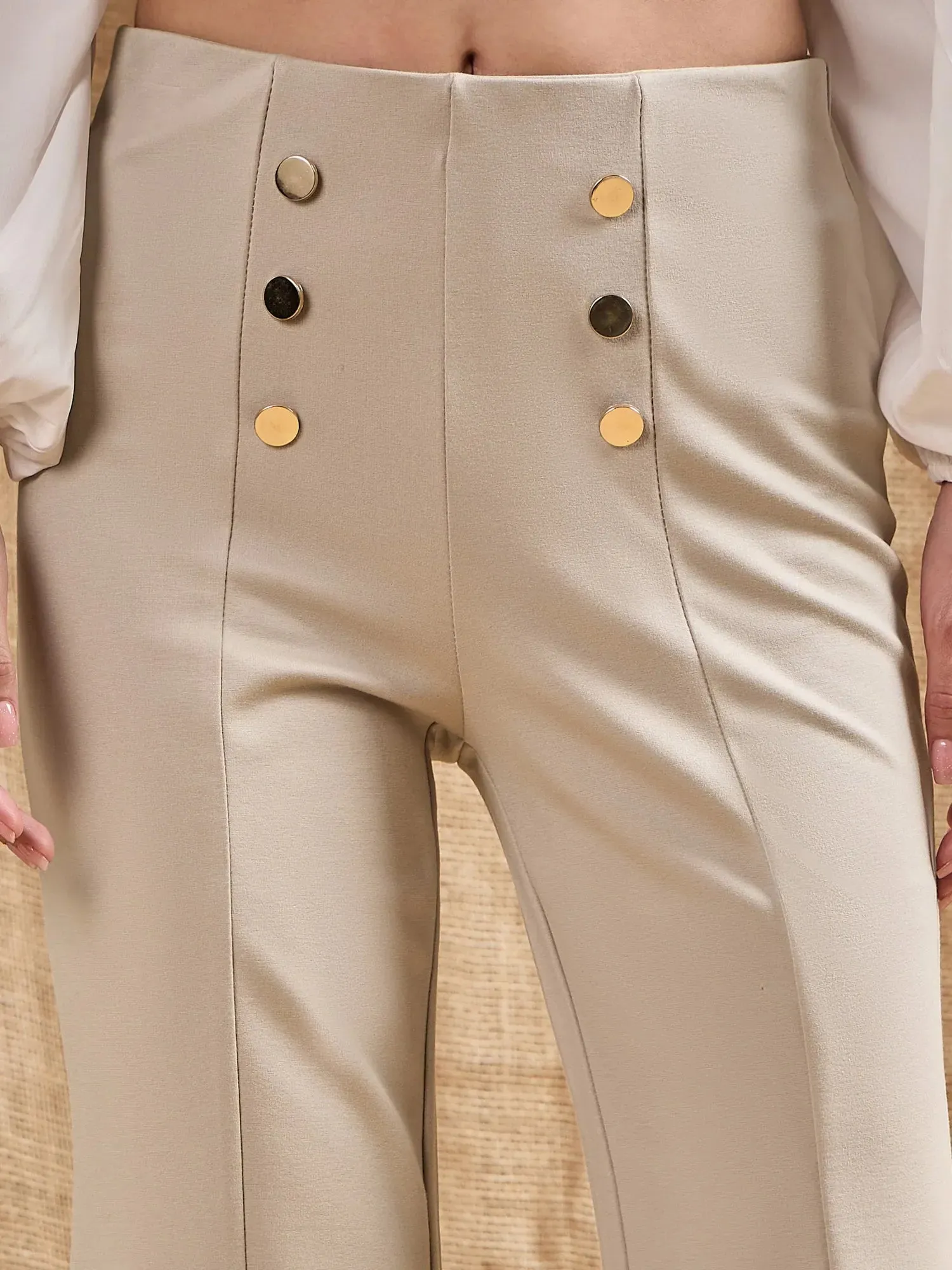 Women Light Beige Front Button Flared Bell Bottom Pants-SFPANT50846