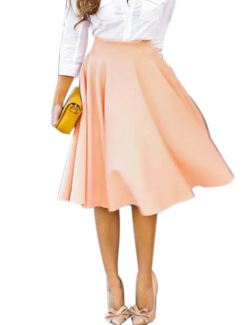 Women Perfect Peach Pink Pleats A-line Flared High Waist Midi Skater Skirt S-XL