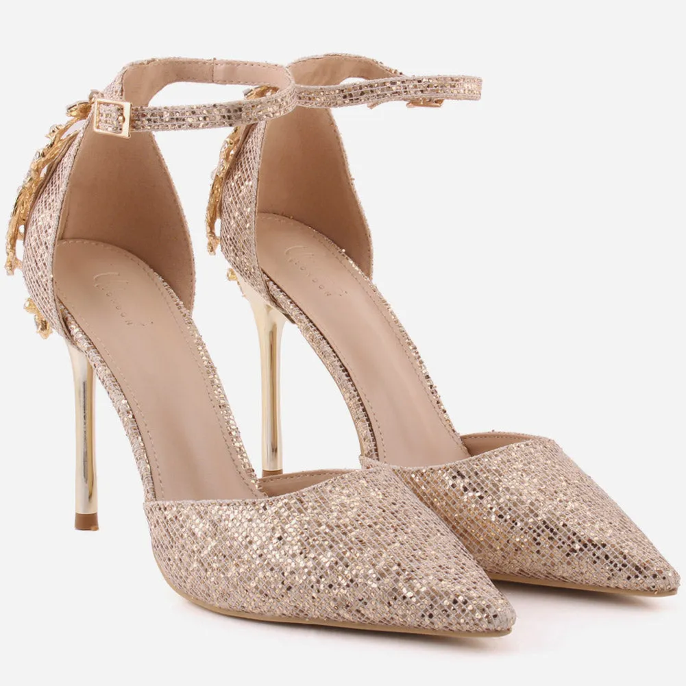 Women "ORIEL" Satin Ankle Strap Decorated Heel Cup Stiletto Heel Sandals