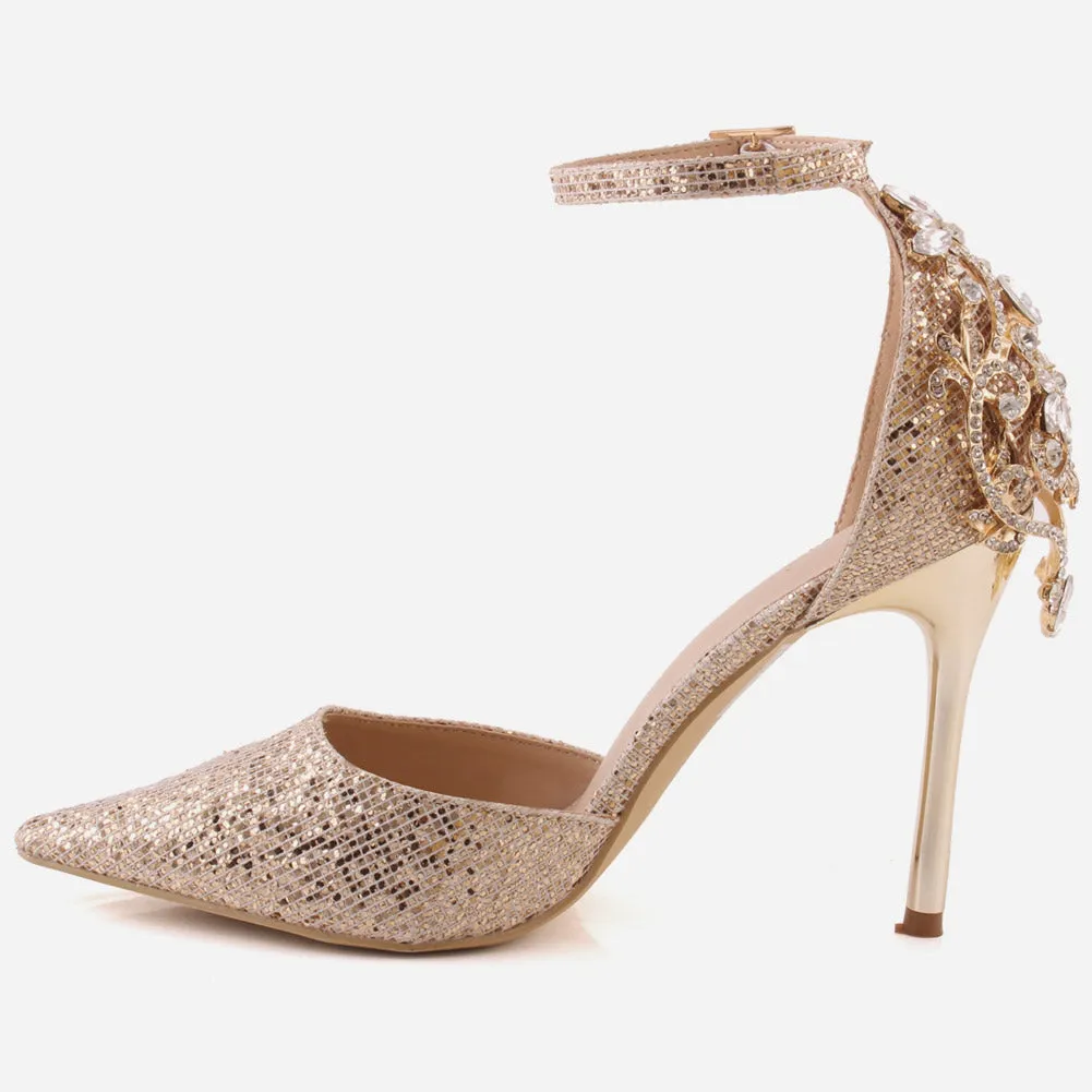 Women "ORIEL" Satin Ankle Strap Decorated Heel Cup Stiletto Heel Sandals