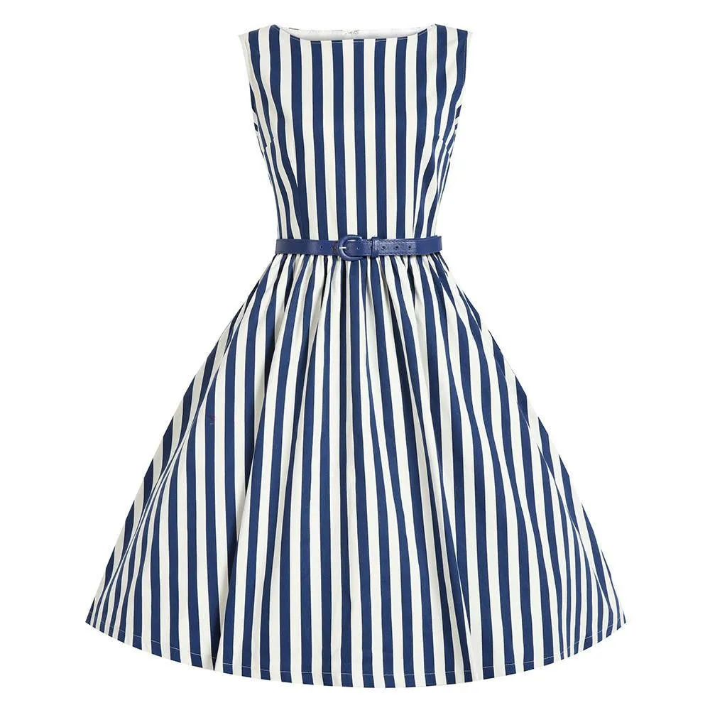 Women White Black Striped Dresses Sleeveless Slim A-Line Dresses Summer Daily Formal Work Dresses
