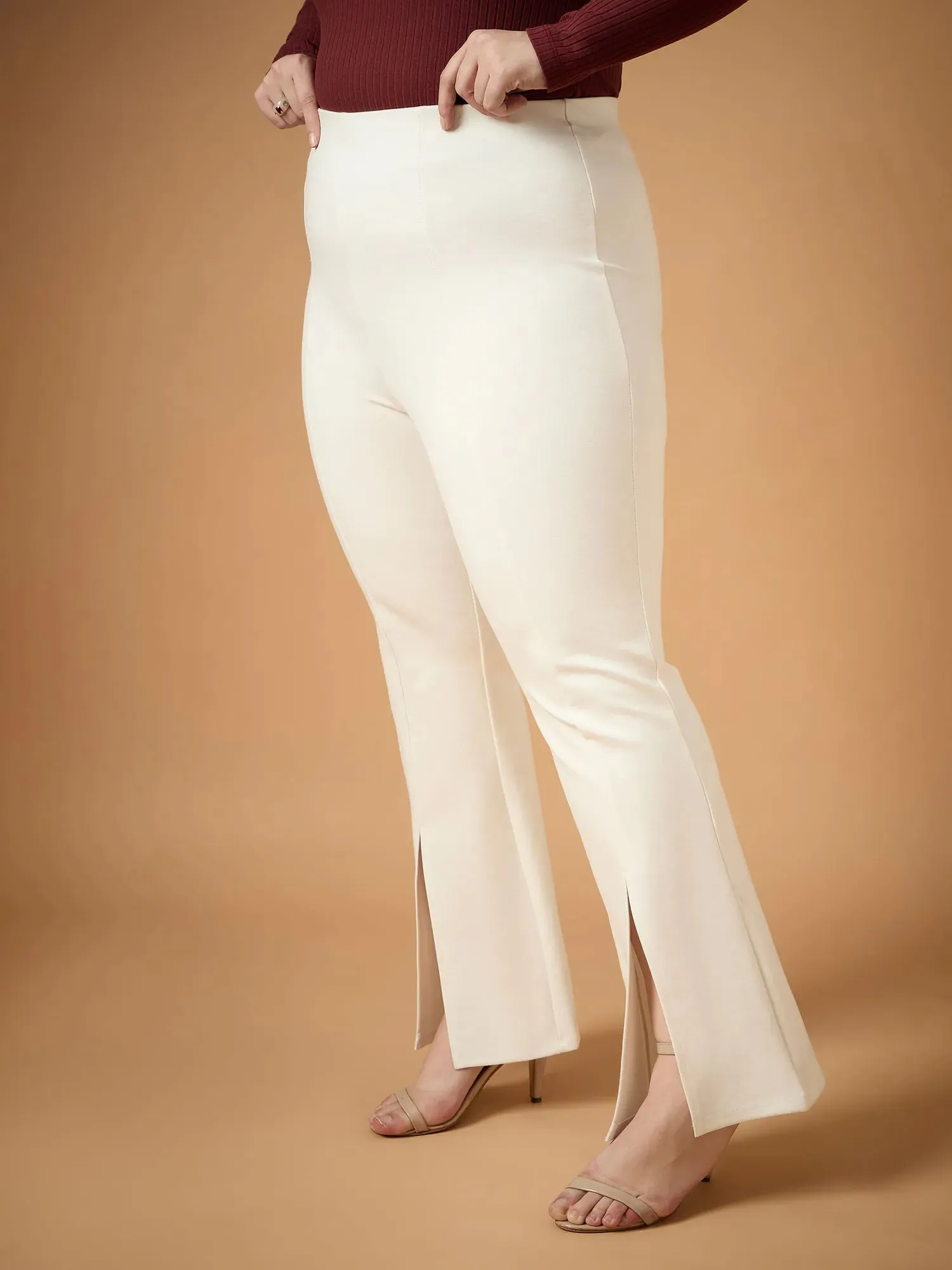 Women White Front Slit Detail Bell Bottom Pants-SFPANT50944