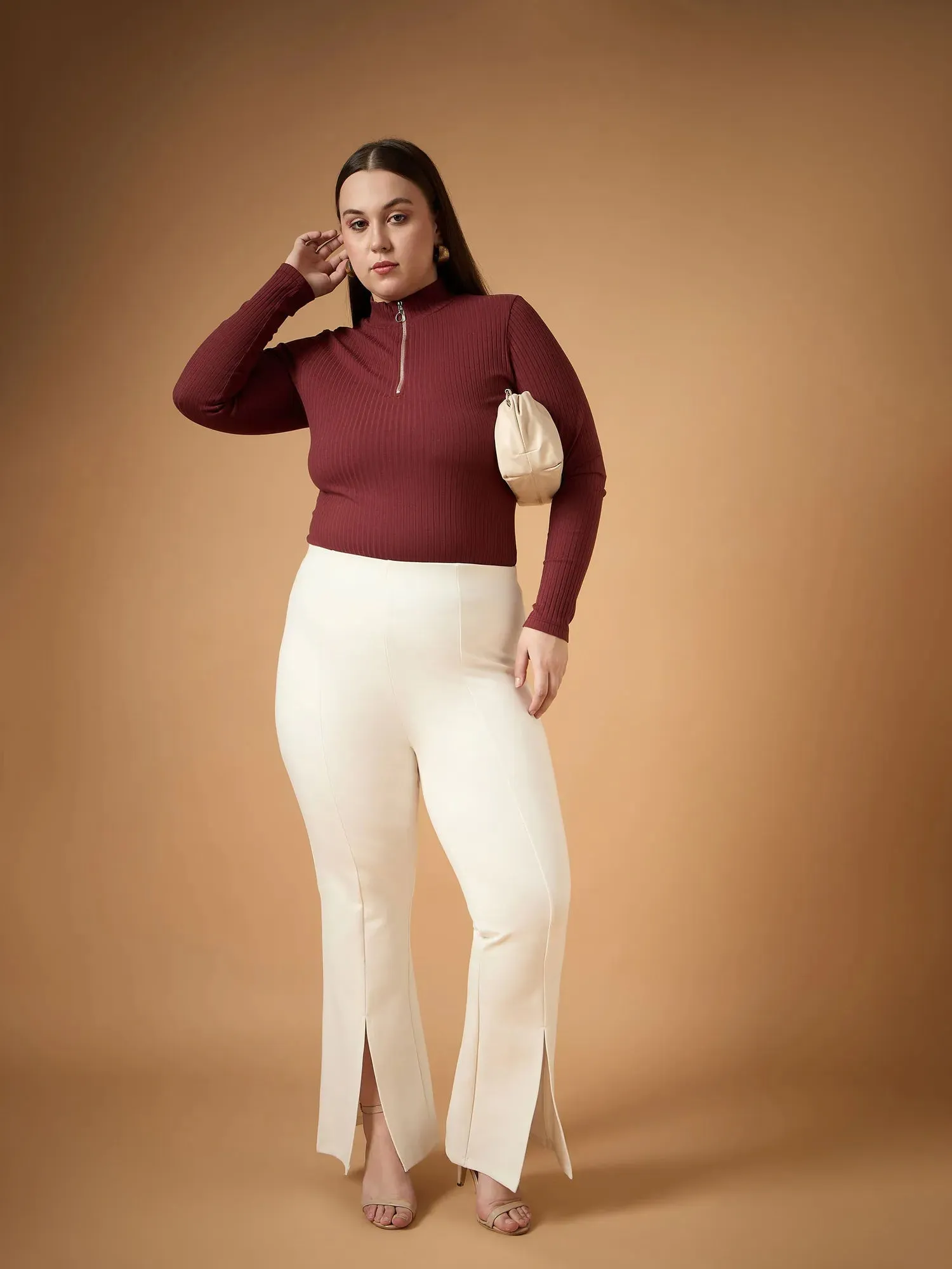 Women White Front Slit Detail Bell Bottom Pants-SFPANT50944