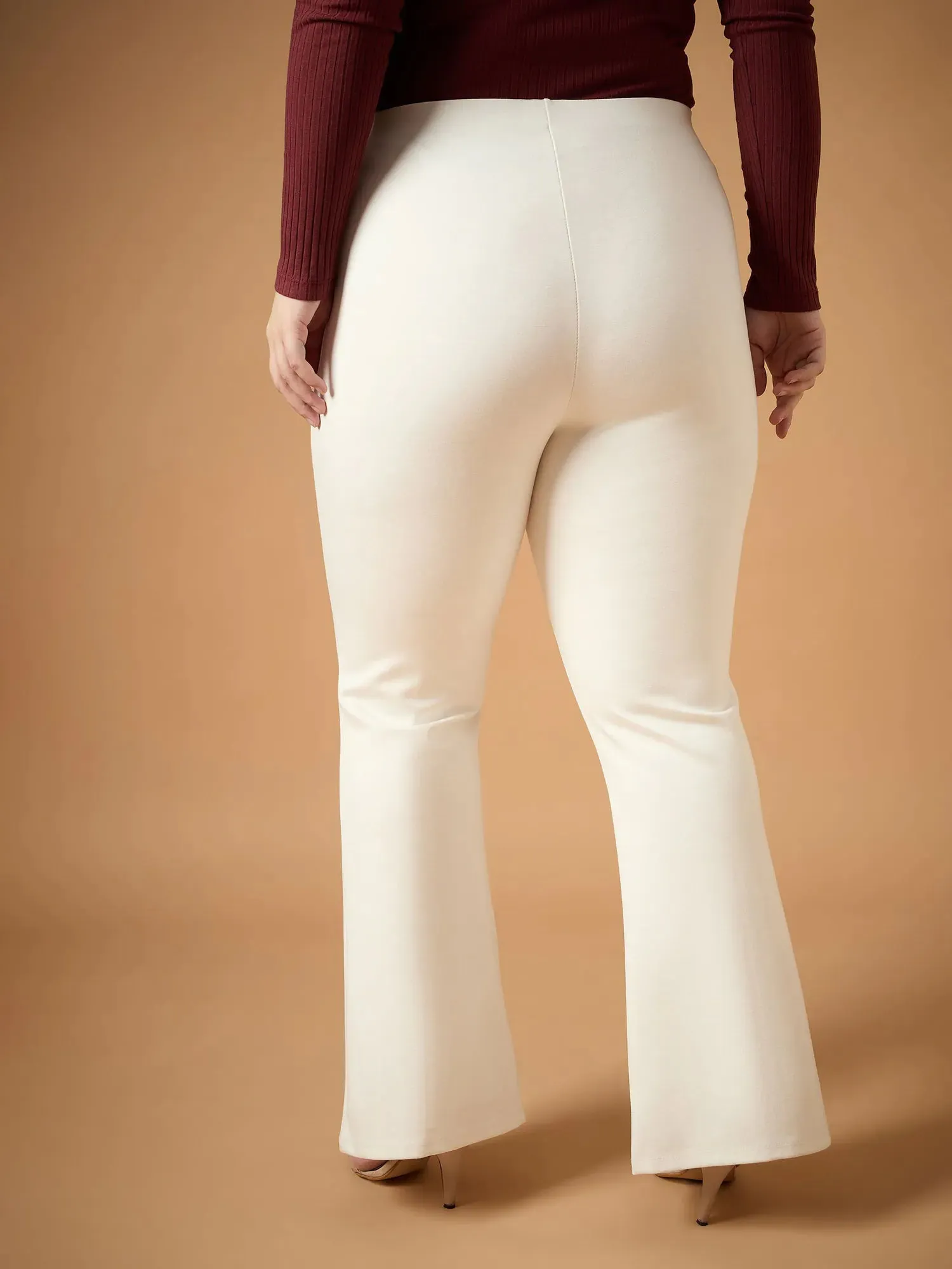 Women White Front Slit Detail Bell Bottom Pants-SFPANT50944