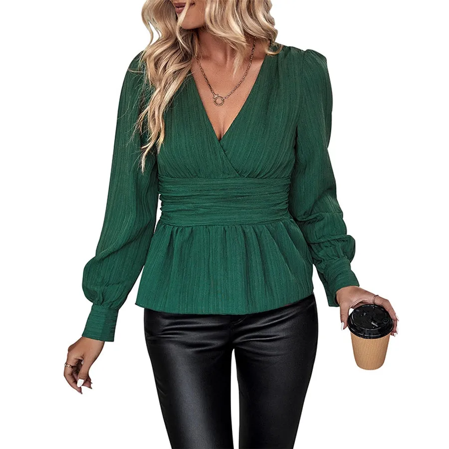 Women's Blouse Long Sleeve Blouses Pleated Casual Stripe