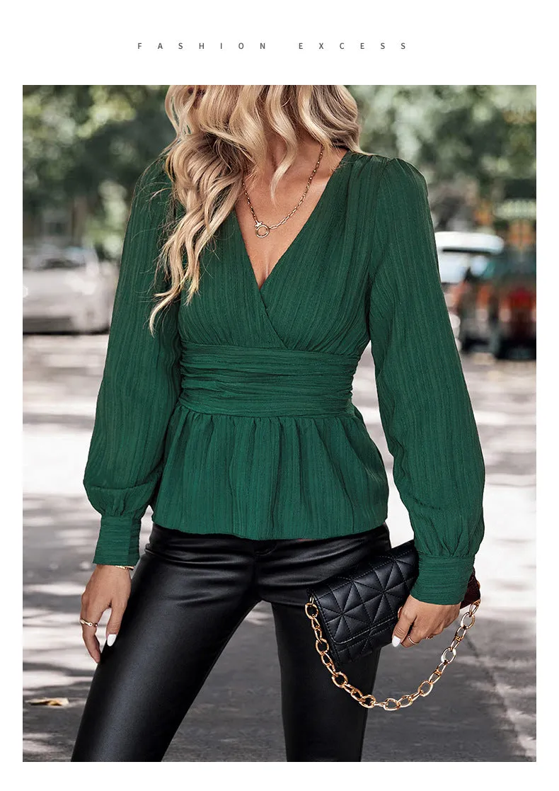 Women's Blouse Long Sleeve Blouses Pleated Casual Stripe