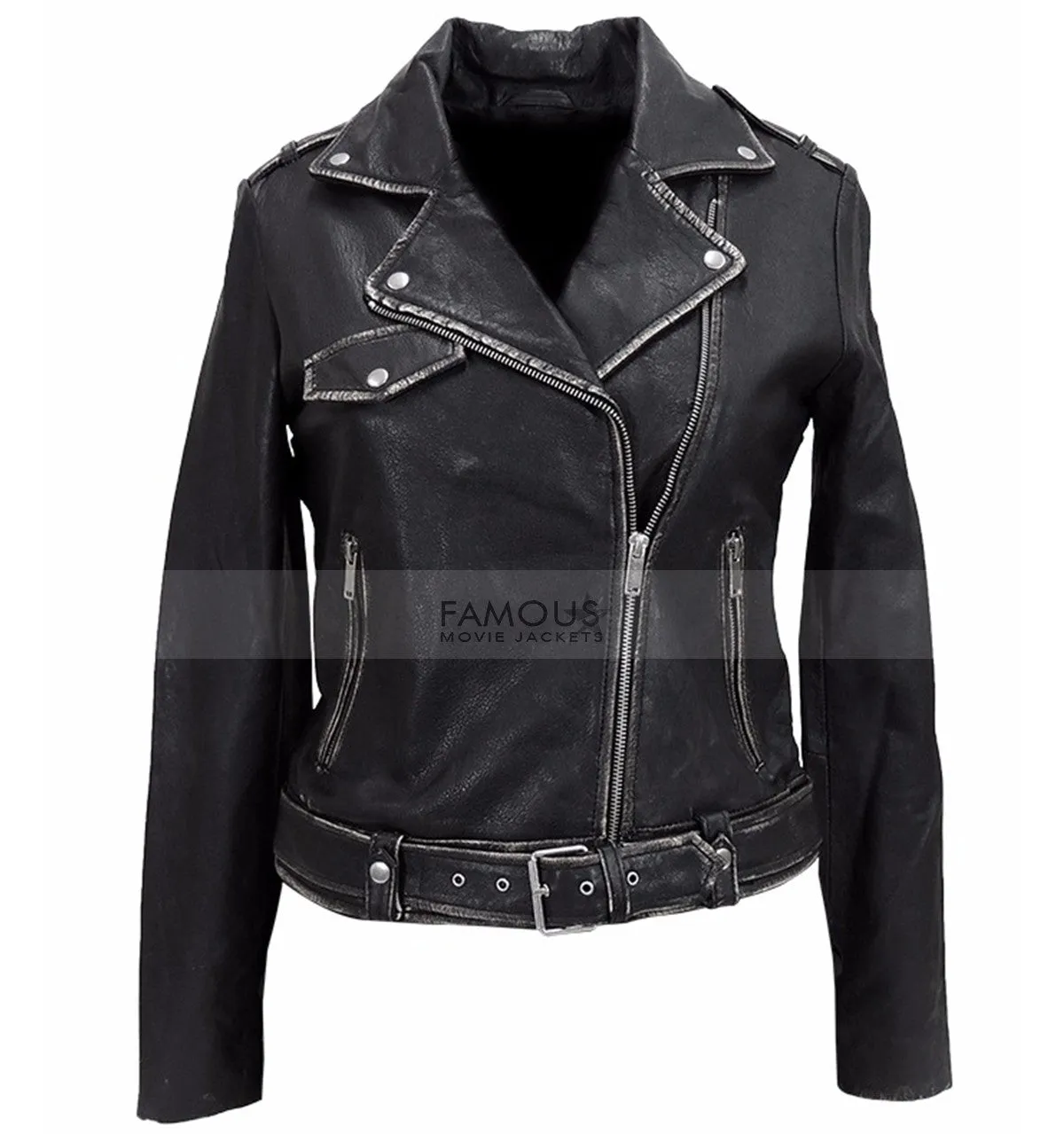 Womens Designer Distressed Black Leather Jacket