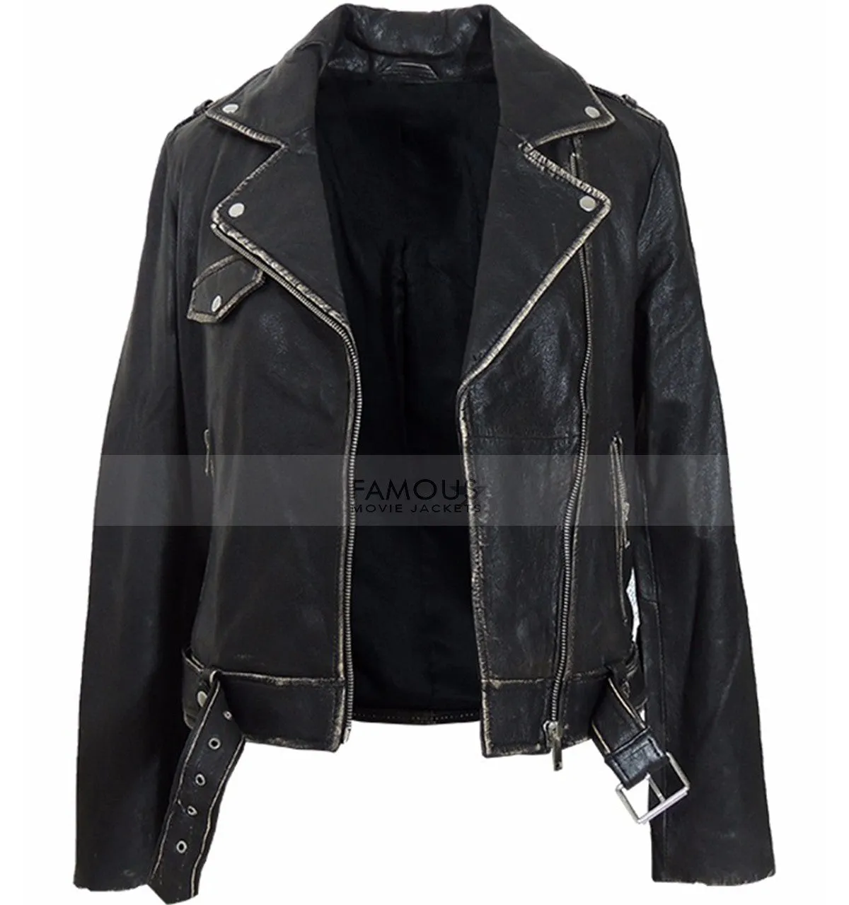 Womens Designer Distressed Black Leather Jacket