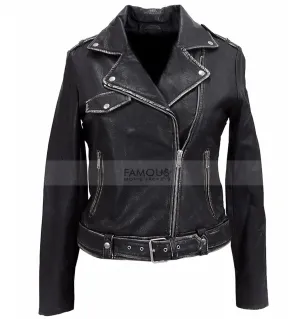 Womens Designer Distressed Black Leather Jacket