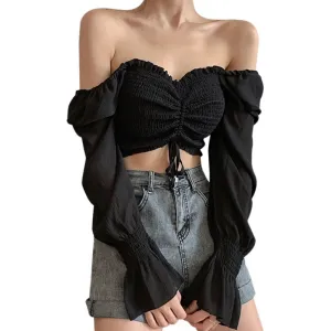 Womens Fashion Square Collar Sexy Sweet Pleated Soild Navel Exposed Chiffon Long Sleeves Shirt Blouses Spring Autumn