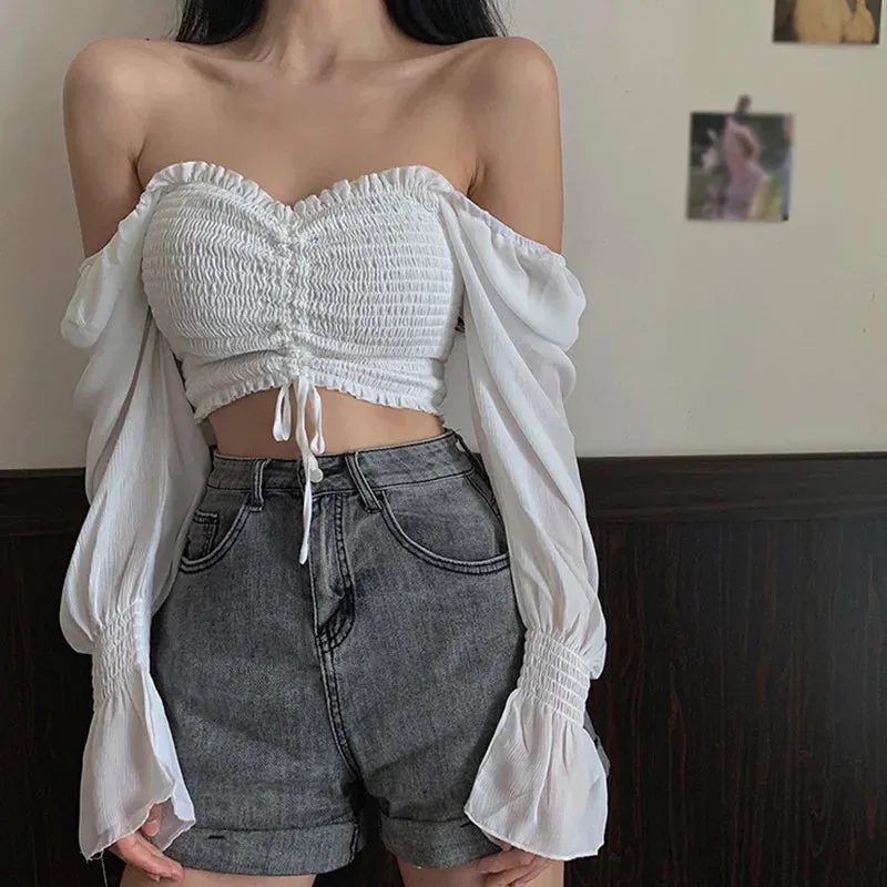 Womens Fashion Square Collar Sexy Sweet Pleated Soild Navel Exposed Chiffon Long Sleeves Shirt Blouses Spring Autumn