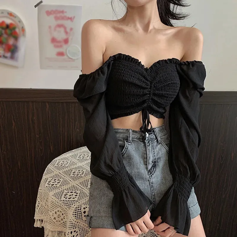 Womens Fashion Square Collar Sexy Sweet Pleated Soild Navel Exposed Chiffon Long Sleeves Shirt Blouses Spring Autumn