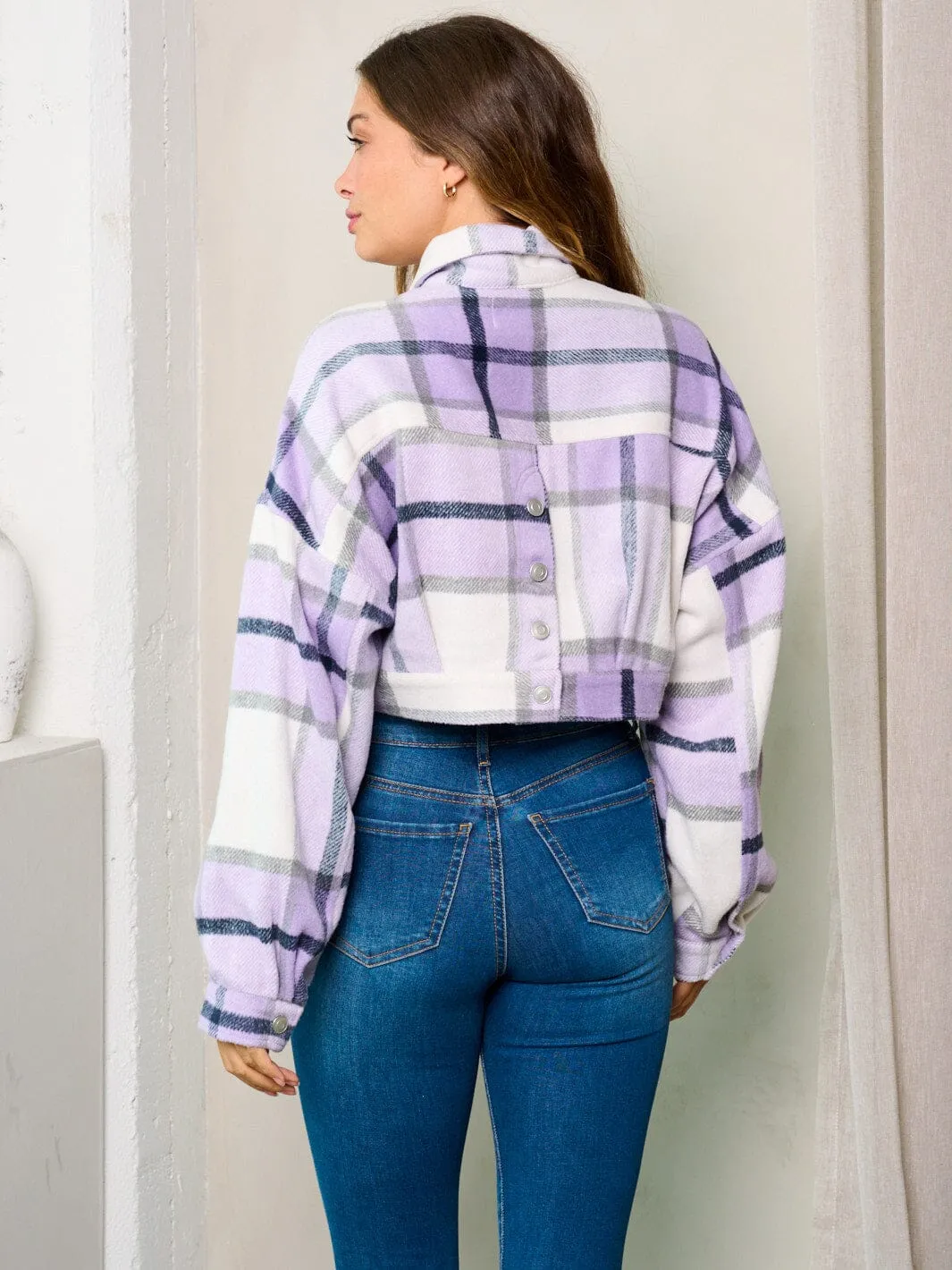 WOMEN'S LONG SLEEVE BUTTON CLOSURE PLAID CROP JACKET
