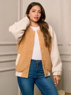 WOMEN'S LONG SLEEVE BUTTON CLOSURE SHERPA COLORBLOCK JACKET