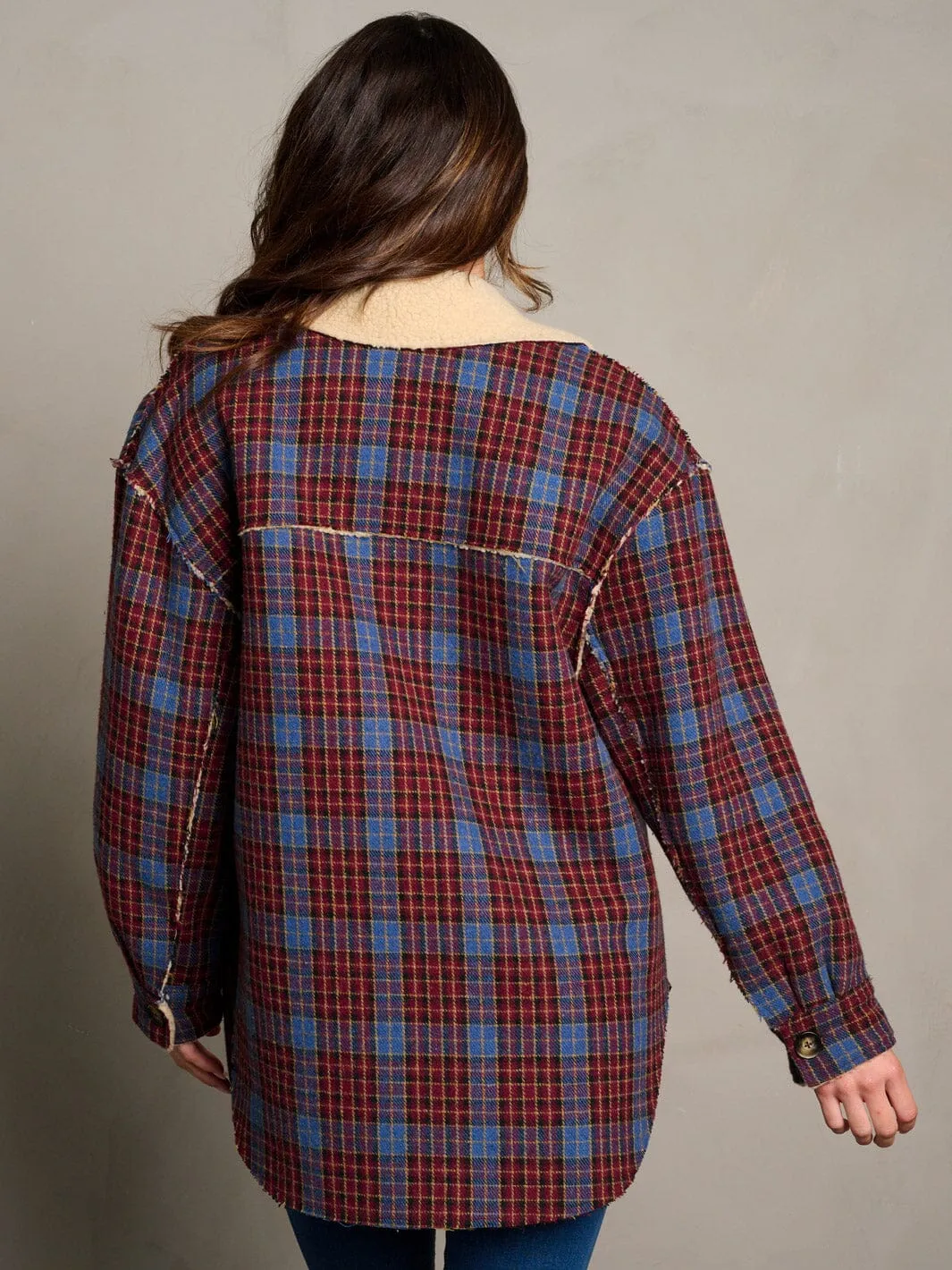 WOMEN'S LONG SLEEVE BUTTON CLOSURE SHERPA PLAID JACKET
