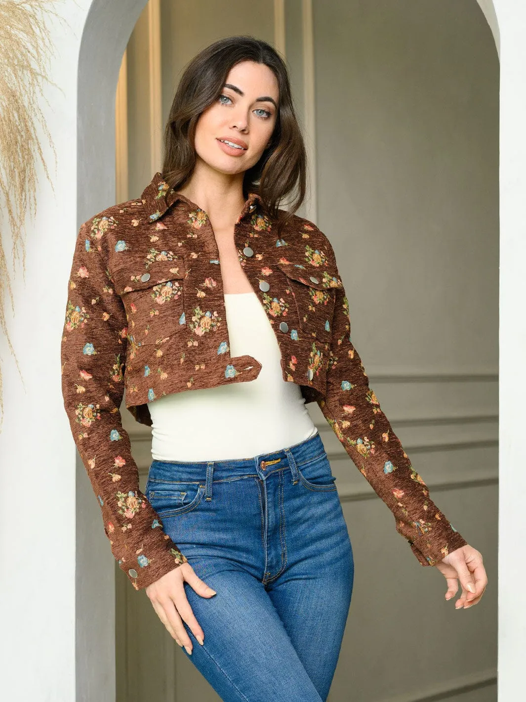 WOMEN'S LONG SLEEVE BUTTON UP FLORAL CROP JACKET